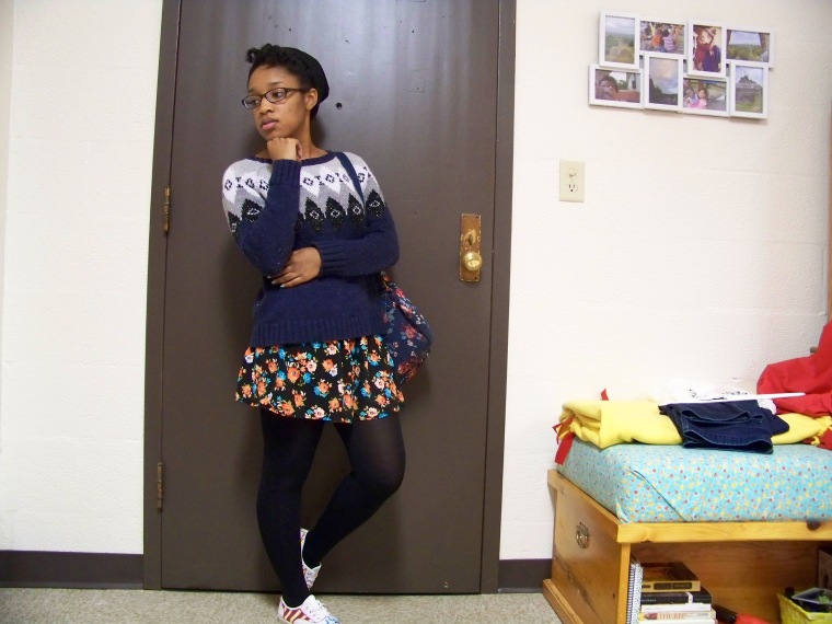 Sweater: American Eagle Outfitters (TJ Maxx); Skirt: Wet Seal; Tights: CATO Fashions; Shoes: DIY; Backpack: Arizona (JC Penny); Hat: ?