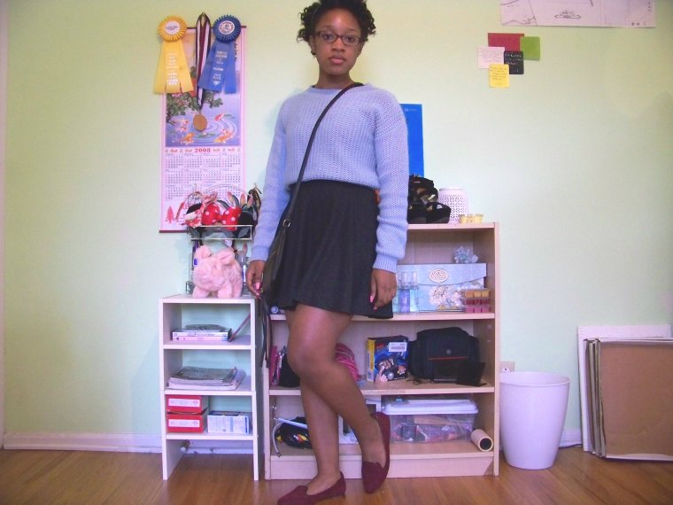 Sweater: Forever 21;; Skirt: Wall Flower (?); Shoes: Merona (Target); Purse: Charlotte Russe