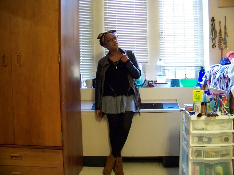 Sweater: Charlotte Russe; Skirt: Mossimo (Target); Tights: F21; Boots: Mossimo (Target); Jacket: Rainbow